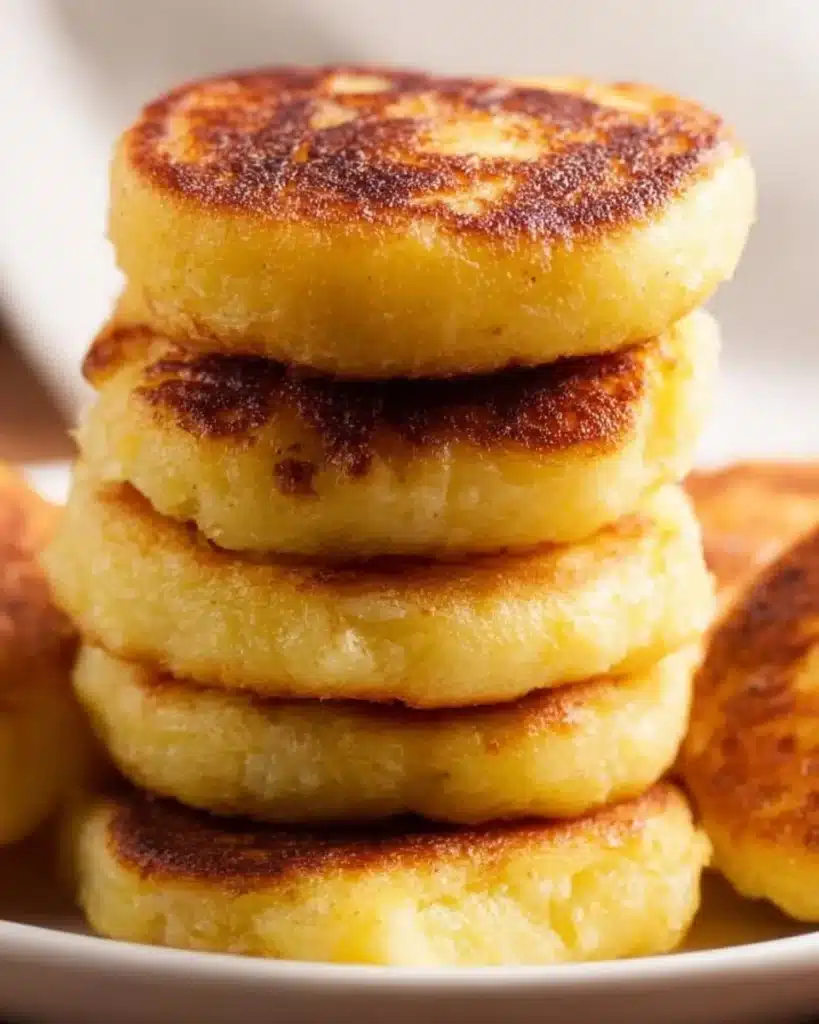 Cheesy leftover mashed potato pancakes served on a plate.