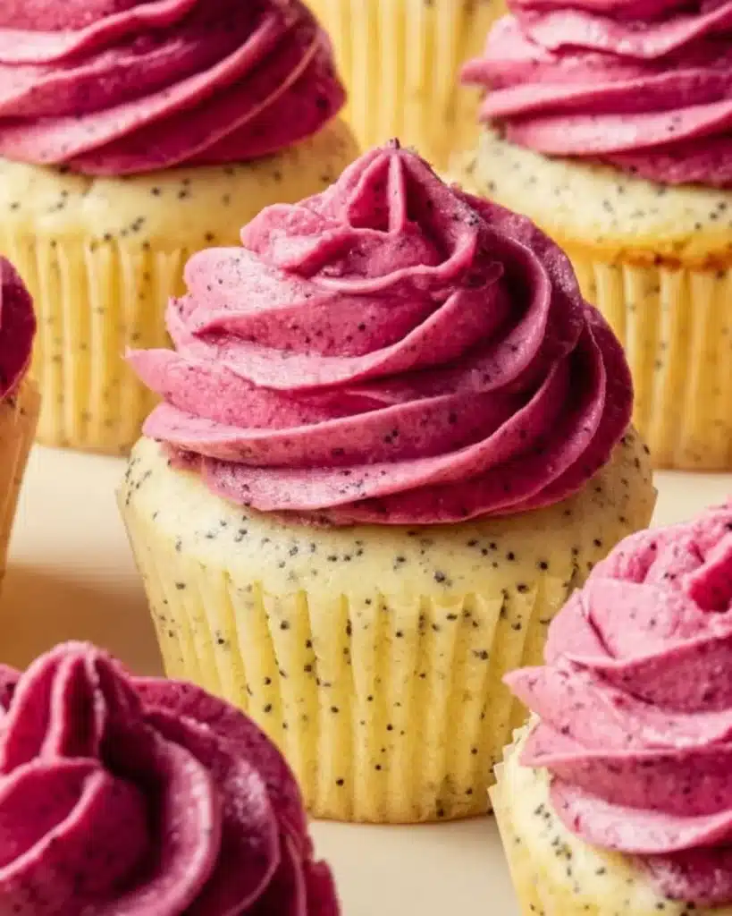Lemon Poppy Seed Cupcakes with Blackberry Frosting on a decorative plate