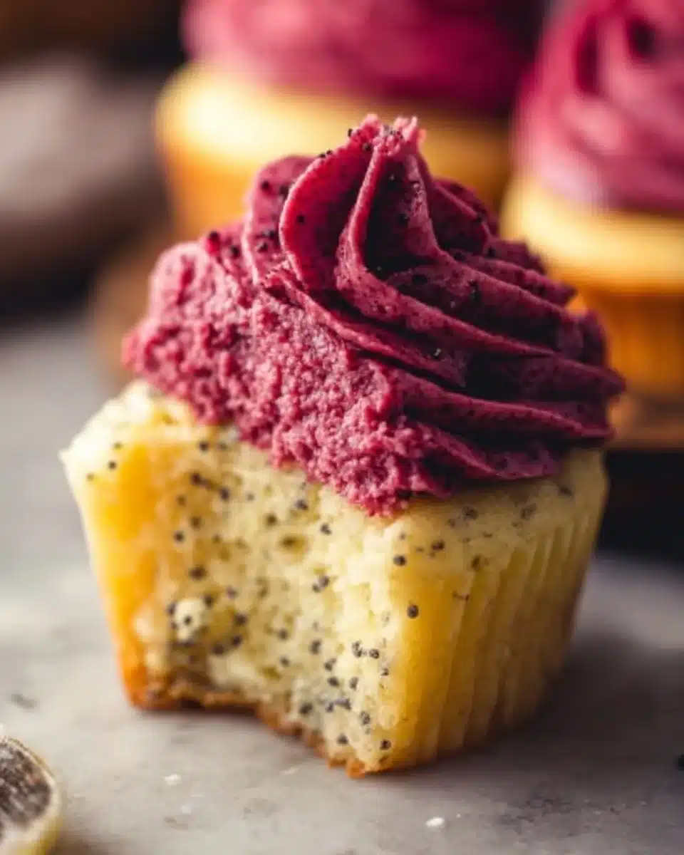 Lemon Poppy Seed Cupcakes with Blackberry Frosting