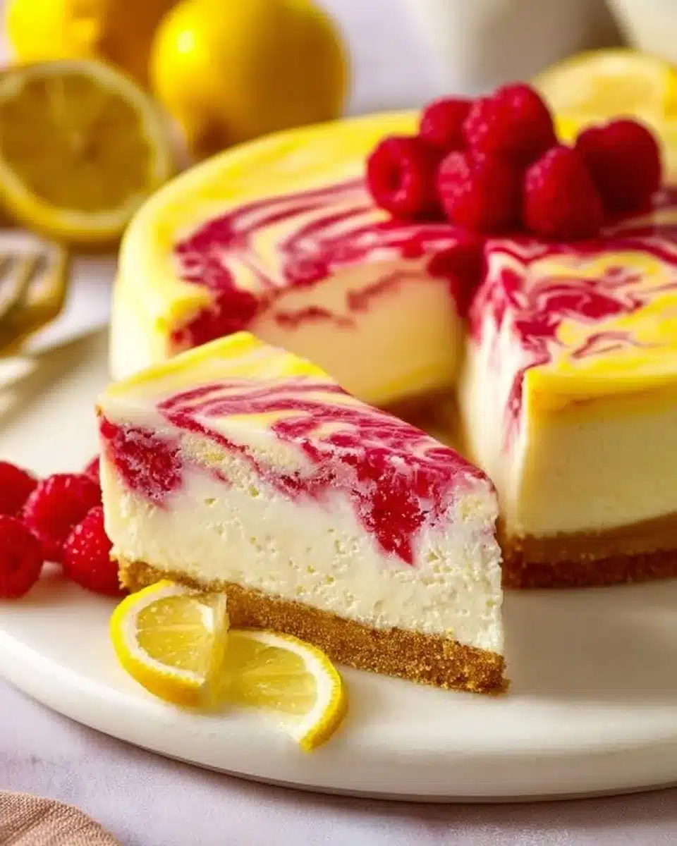 Lemon Raspberry Swirl Cheesecake with fresh raspberries and lemon zest topping