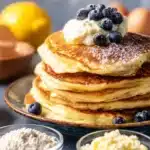 Fluffy lemon ricotta pancakes served with syrup and fresh berries