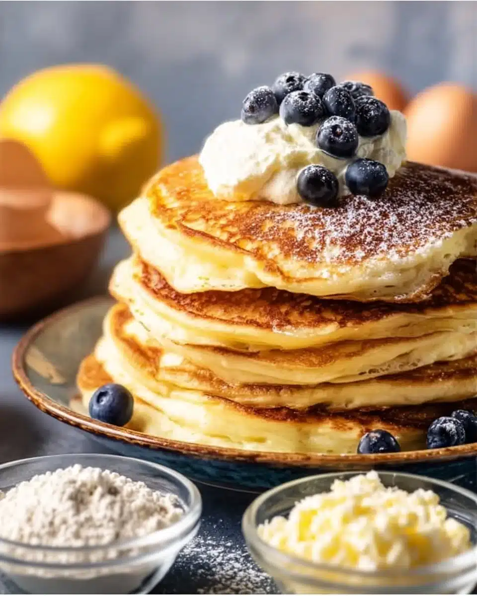 Fluffy lemon ricotta pancakes served with syrup and fresh berries