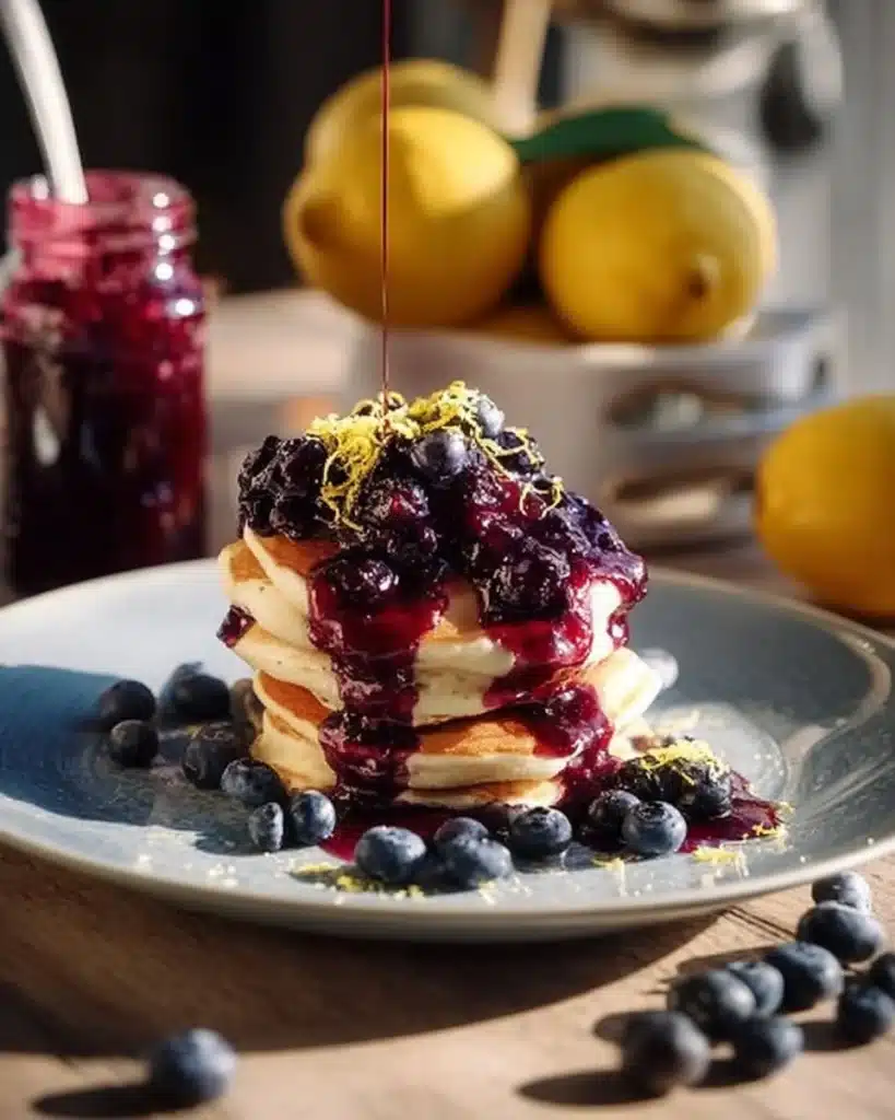 Lemon ricotta pancakes drizzled with blueberry sauce on a white plate