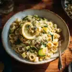 Delicious bowl of Lemon Zucchini Pasta topped with Parmesan cheese and fresh herbs