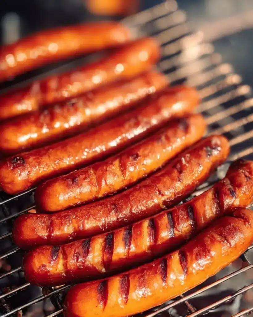Delicious marinated grilled hot dogs on a BBQ grill.