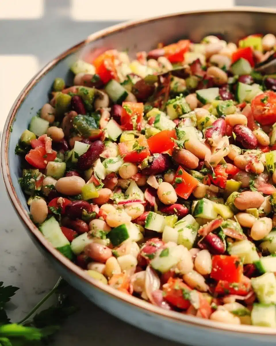 Colorful Mediterranean Bean Salad with mixed beans, vegetables, and dressing