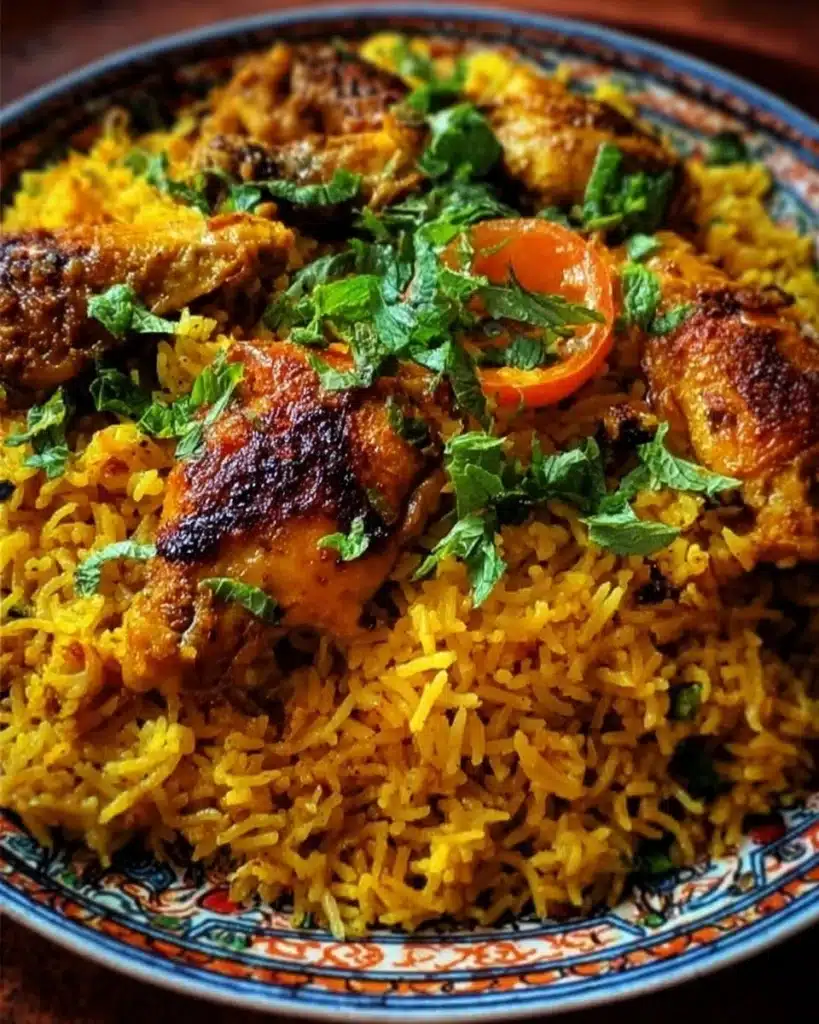 Delicious Moroccan Chicken served with flavorful rice and spices
