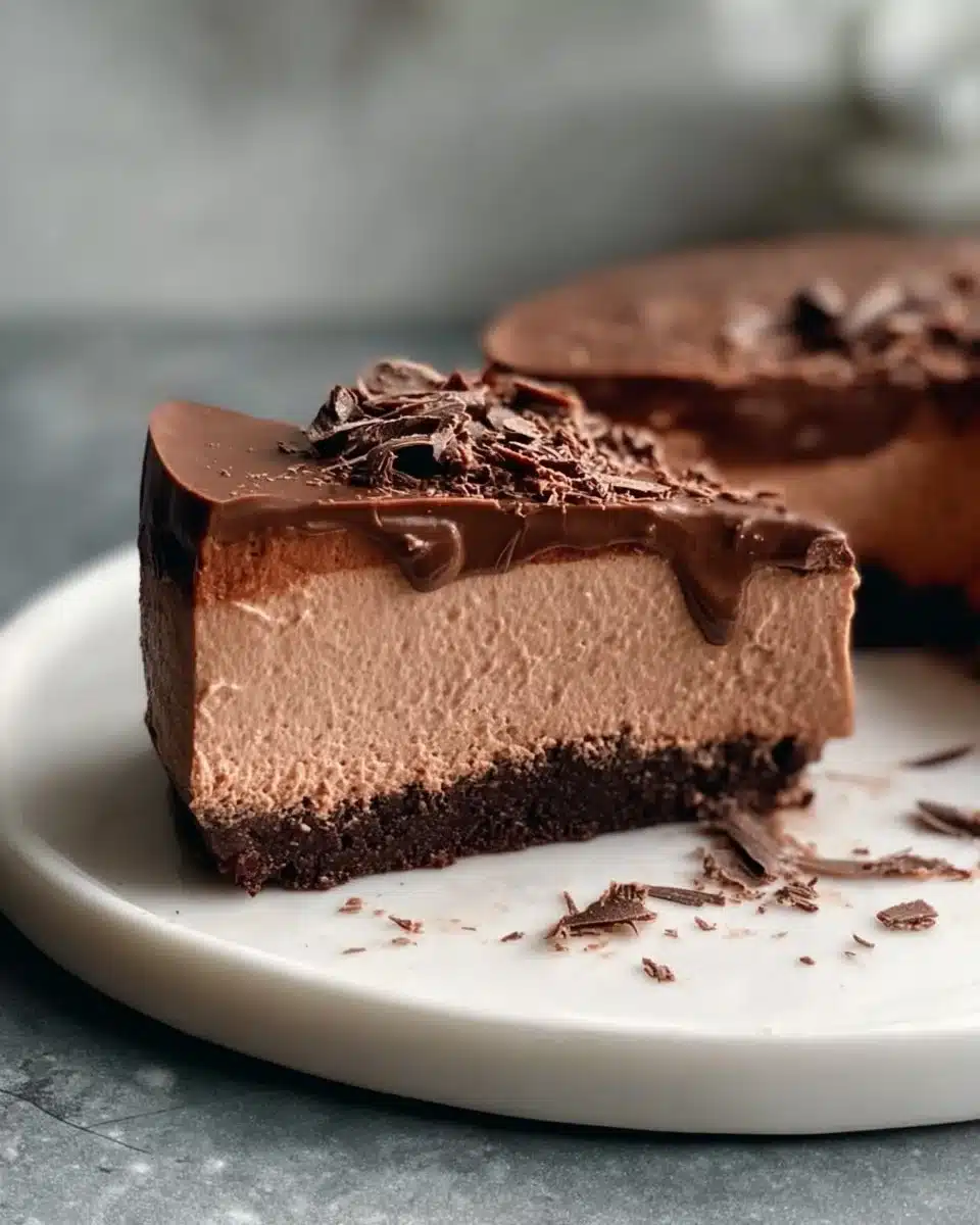 No-bake chocolate cheesecake topped with chocolate shavings on a plate