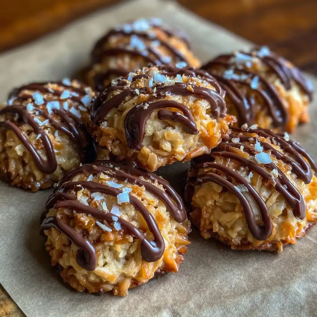Delicious No Bake Samoa Cookies with chocolate and coconut topping