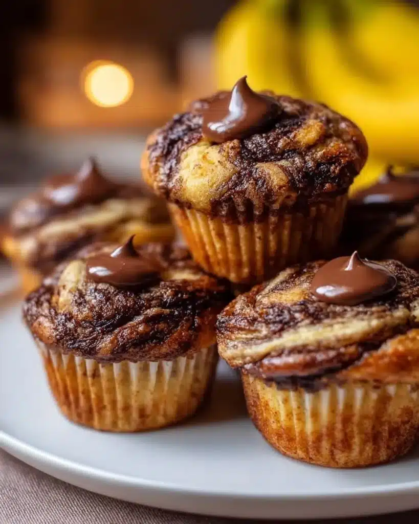 Nutella banana muffins with swirl pattern on top, freshly baked and delicious