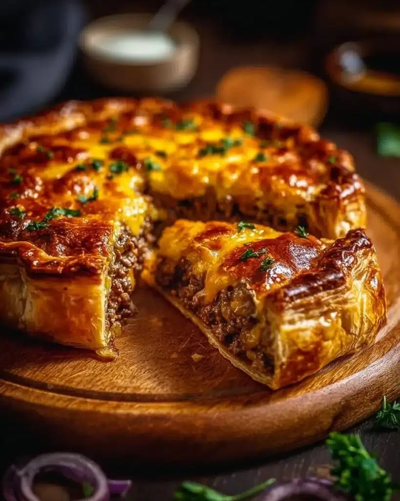 Delicious One-Pan Cheeseburger Pie Dinner ready to serve.