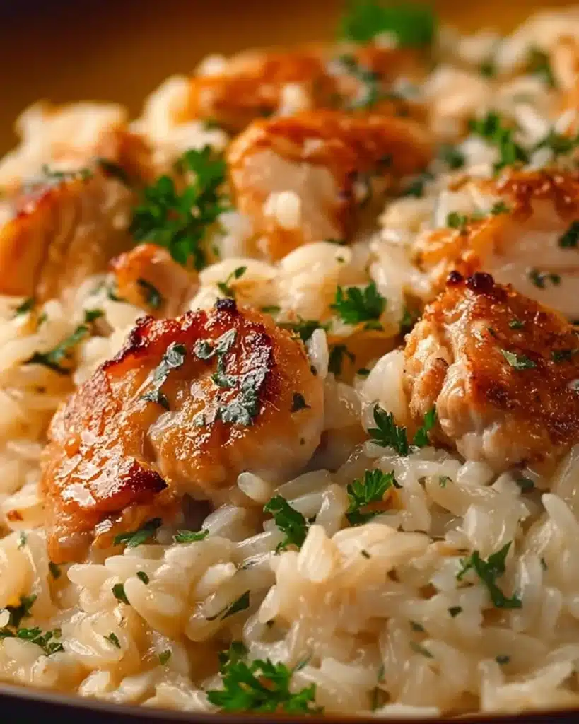 One-Pan Creamy Parmesan Chicken and Rice dish with herbs and spices