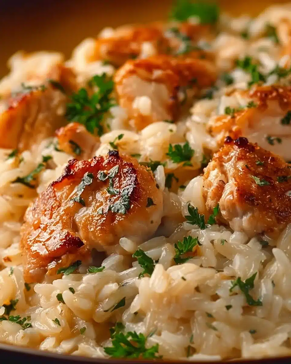 One-Pan Creamy Parmesan Chicken and Rice dish with herbs and spices
