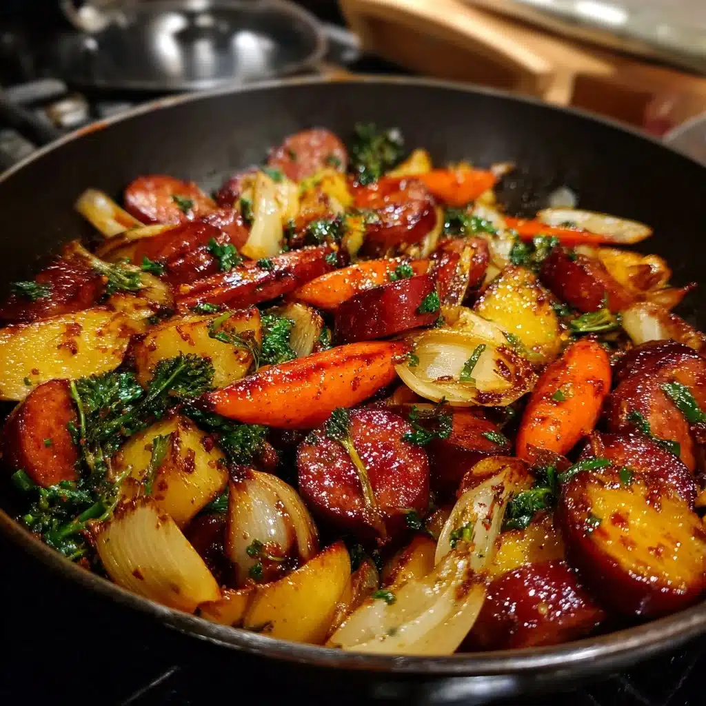One-Pan Honey Garlic Kielbasa with colorful vegetables on a plate