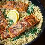 One skillet salmon served with lemon orzo on a plate