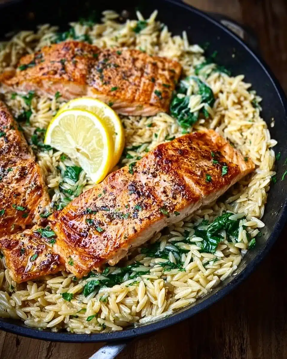 One skillet salmon served with lemon orzo on a plate