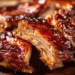 Oven-baked baby back ribs served with a side of barbecue sauce