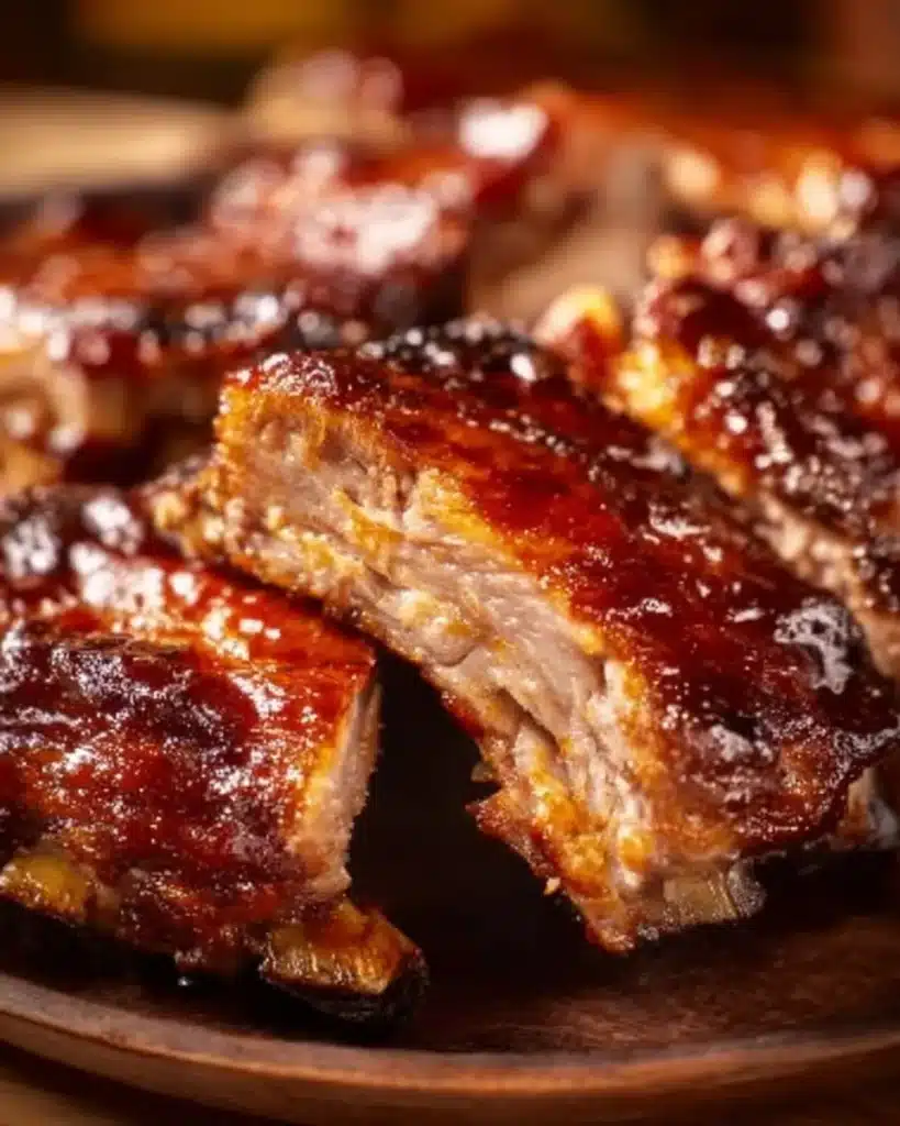 Oven-baked baby back ribs served with a side of barbecue sauce
