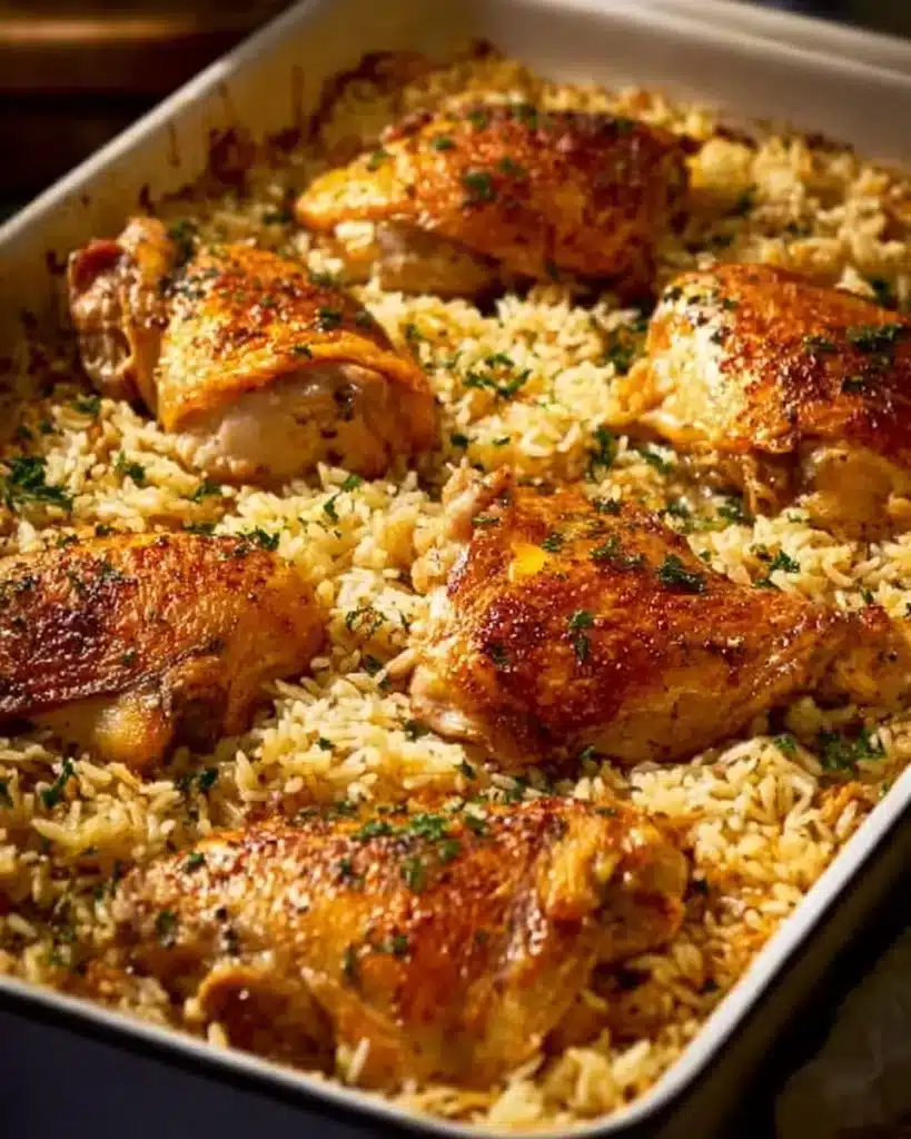 Delicious oven baked chicken served with flavorful rice