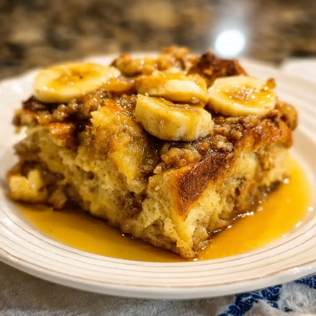 Overnight baked banana French toast casserole served on a plate with fresh bananas