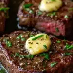Pan seared steak cooked in garlic butter, garnished, served on a plate.
