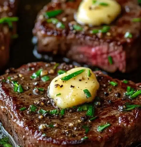 Pan seared steak cooked in garlic butter, garnished, served on a plate.