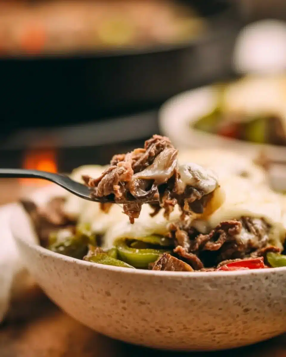 Delicious Philly cheesesteak bowls with beef, peppers, and onions.