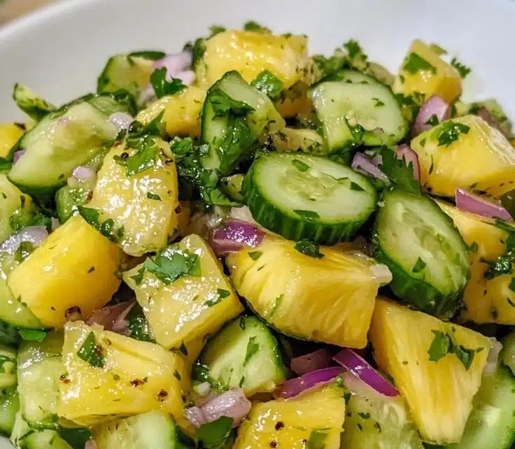 Delicious pineapple cucumber salad served in a bowl with fresh ingredients