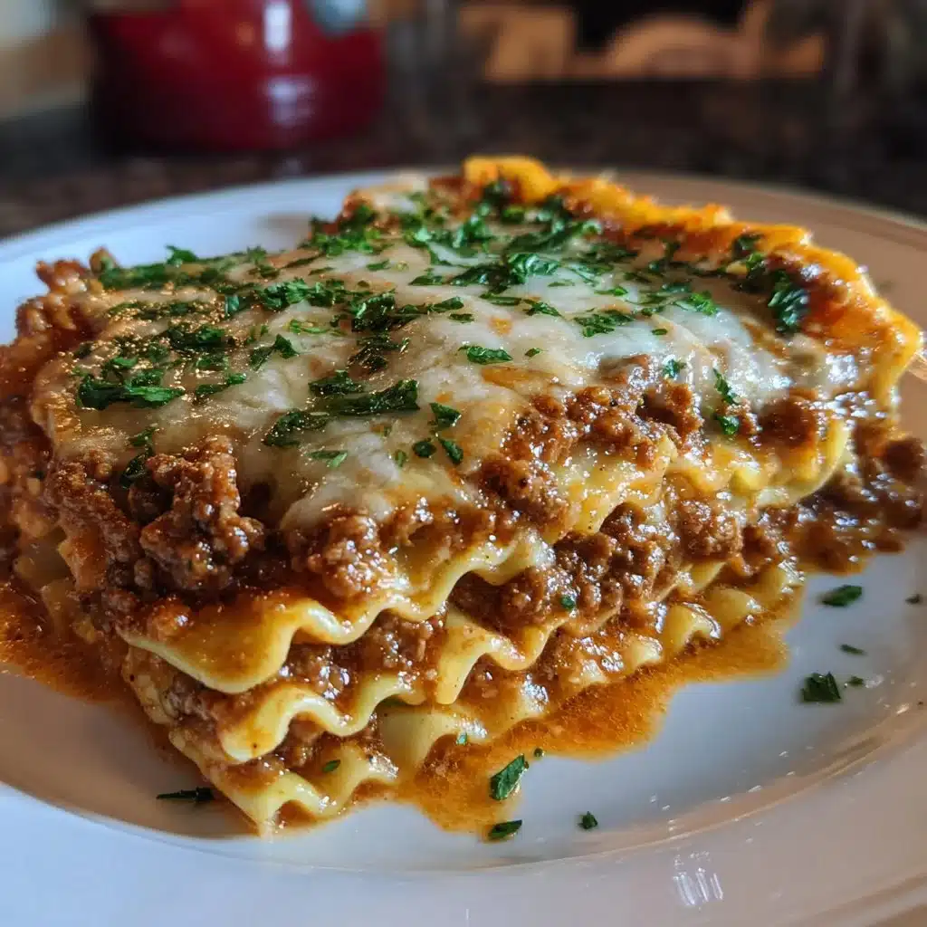Pioneer Woman Lasagna served in a baking dish with cheese and herbs