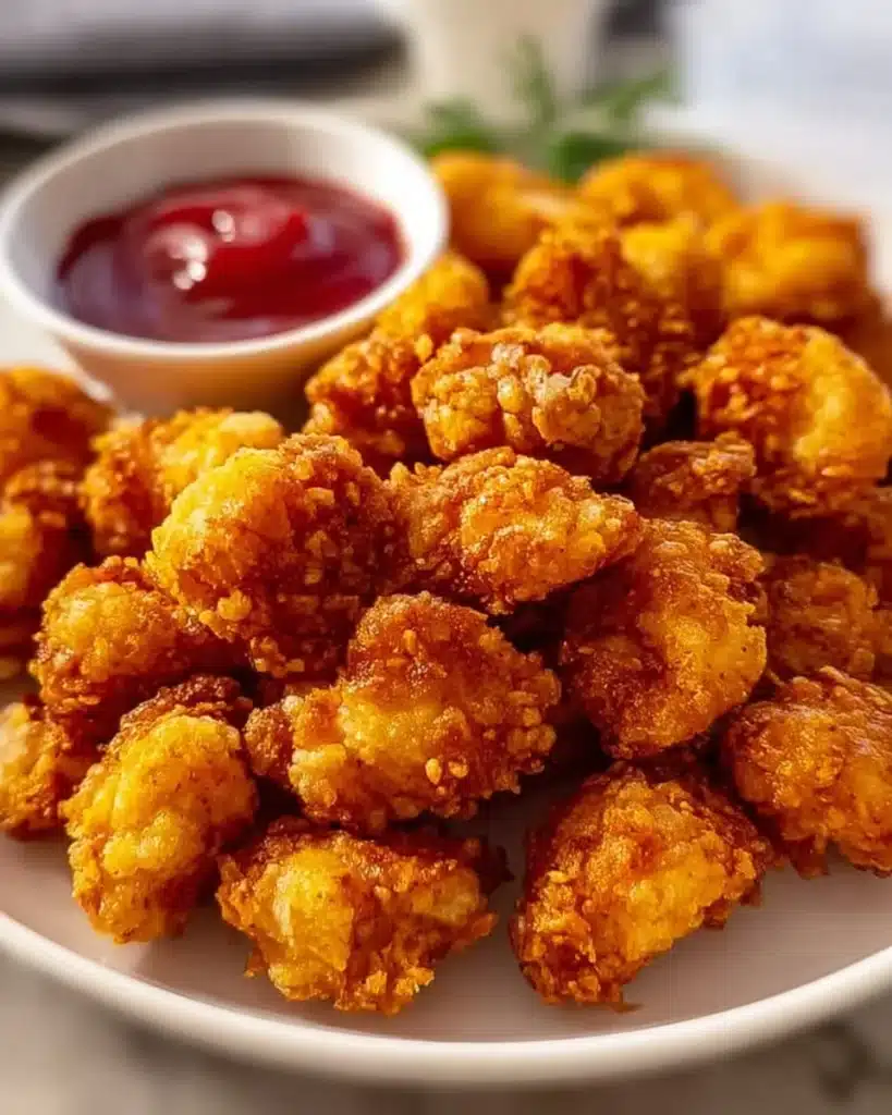Crispy popcorn chicken served with dipping sauce on a plate