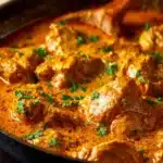 A delicious serving of quick Chicken Paprikash with creamy paprika sauce