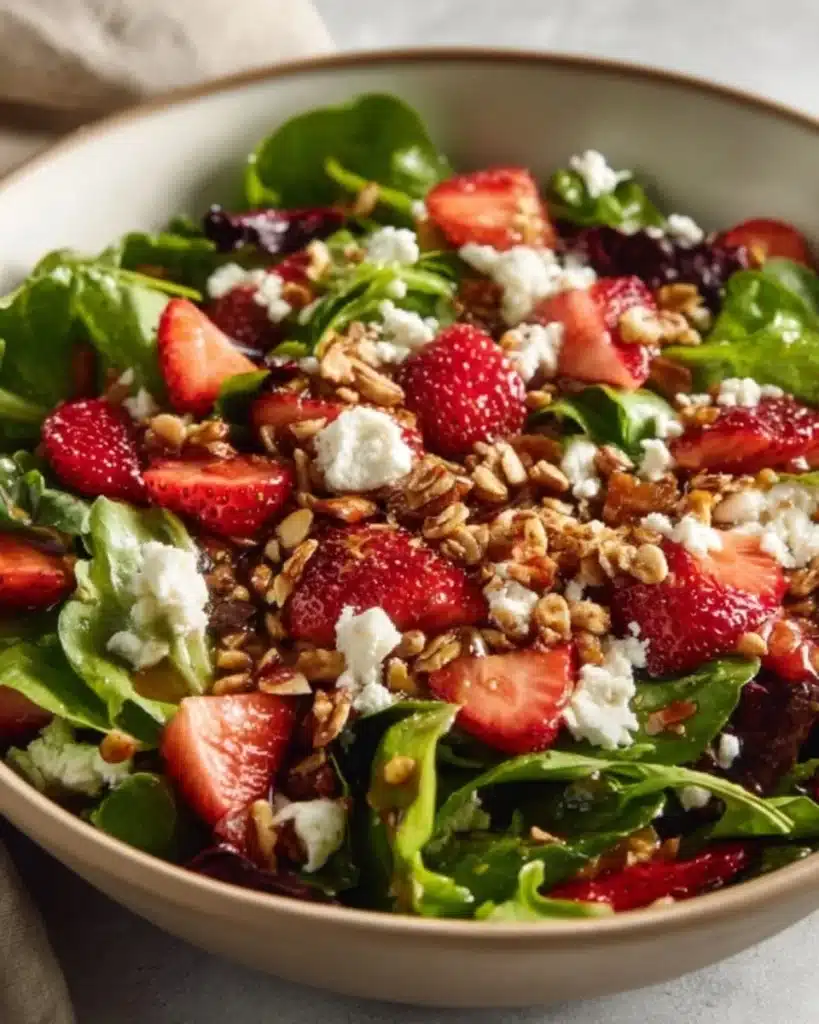Quick strawberry Crunch Salad with fresh strawberries and crunchy toppings