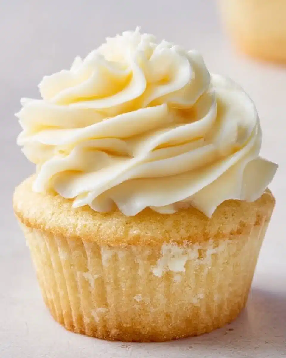 Delicious homemade quick vanilla cupcakes topped with frosting.