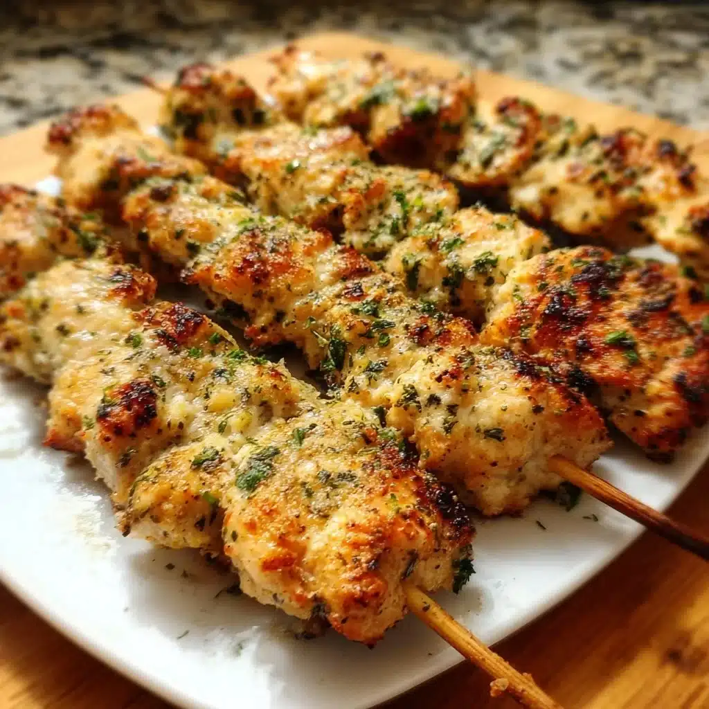 Ranch Garlic Parmesan Chicken Skewers on a platter garnished with herbs