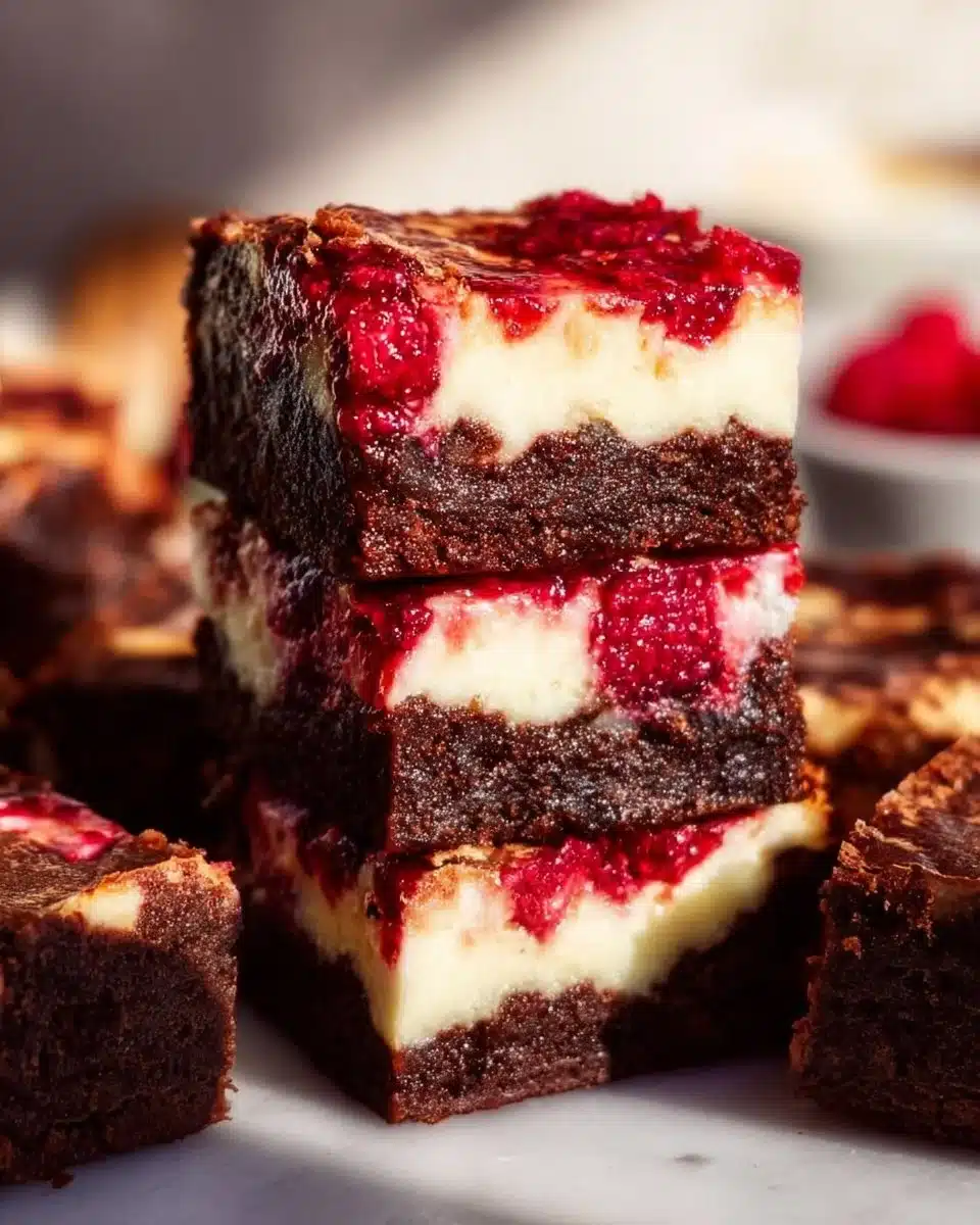 Rich and creamy Raspberry Cheesecake Brownies on a wooden platter