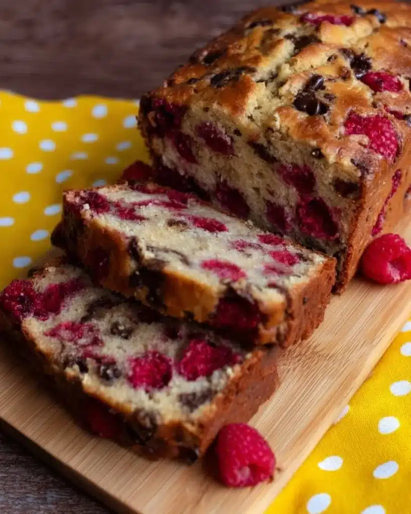 Moist Raspberry Dark Chocolate Banana Bread slice on a plate