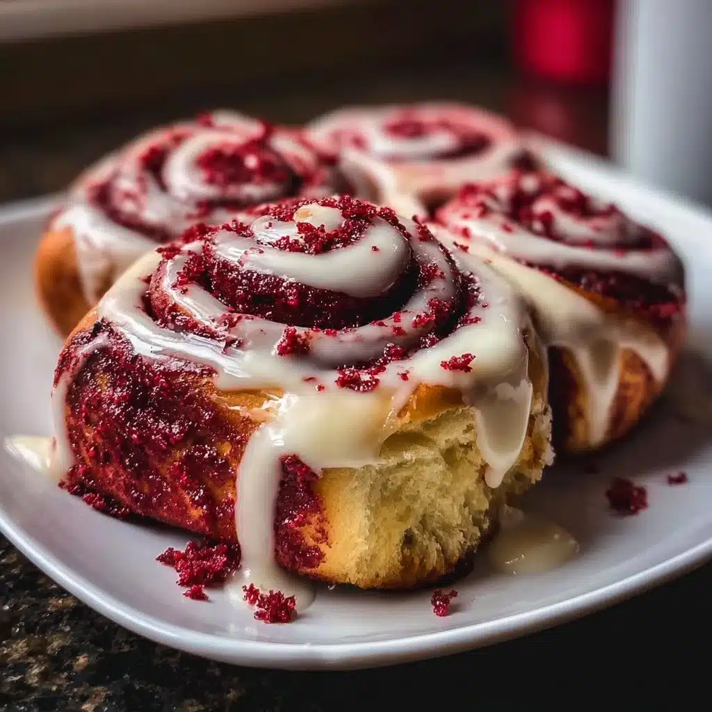 Freshly baked Red Velvet Cinnamon Rolls with cream cheese icing