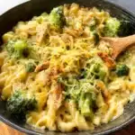Rotisserie chicken broccoli pasta dish topped with fresh herbs and cheese