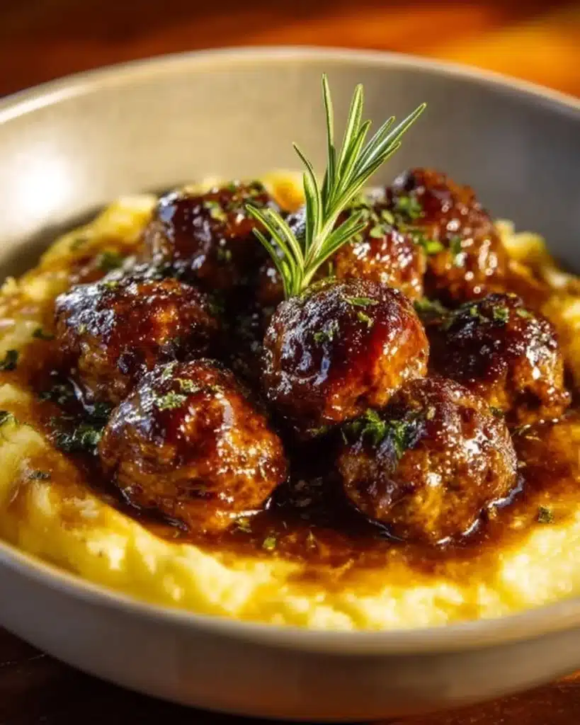 Delicious Salisbury steak meatballs with garlic herb mashed potatoes on a plate