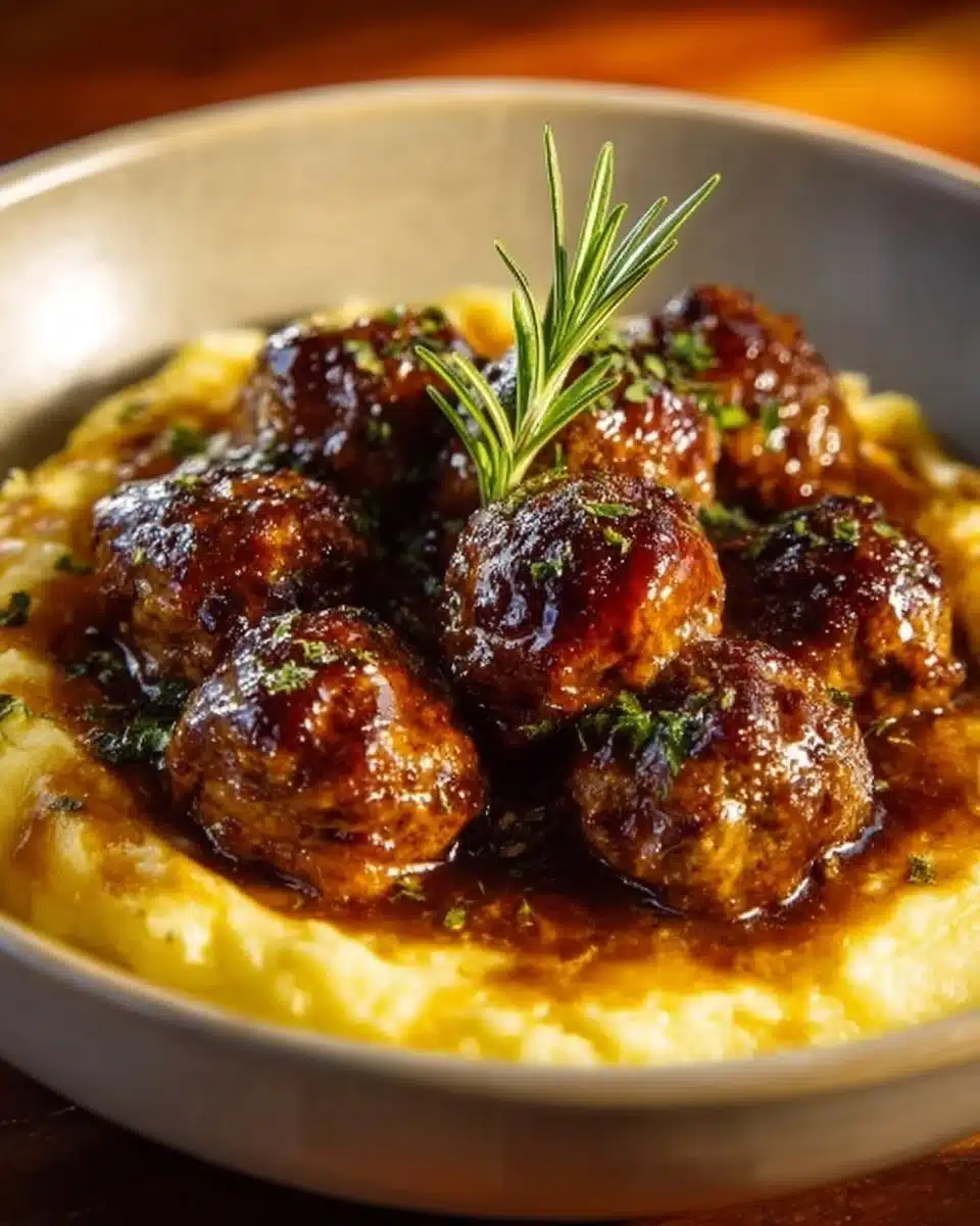 Delicious Salisbury steak meatballs with garlic herb mashed potatoes on a plate