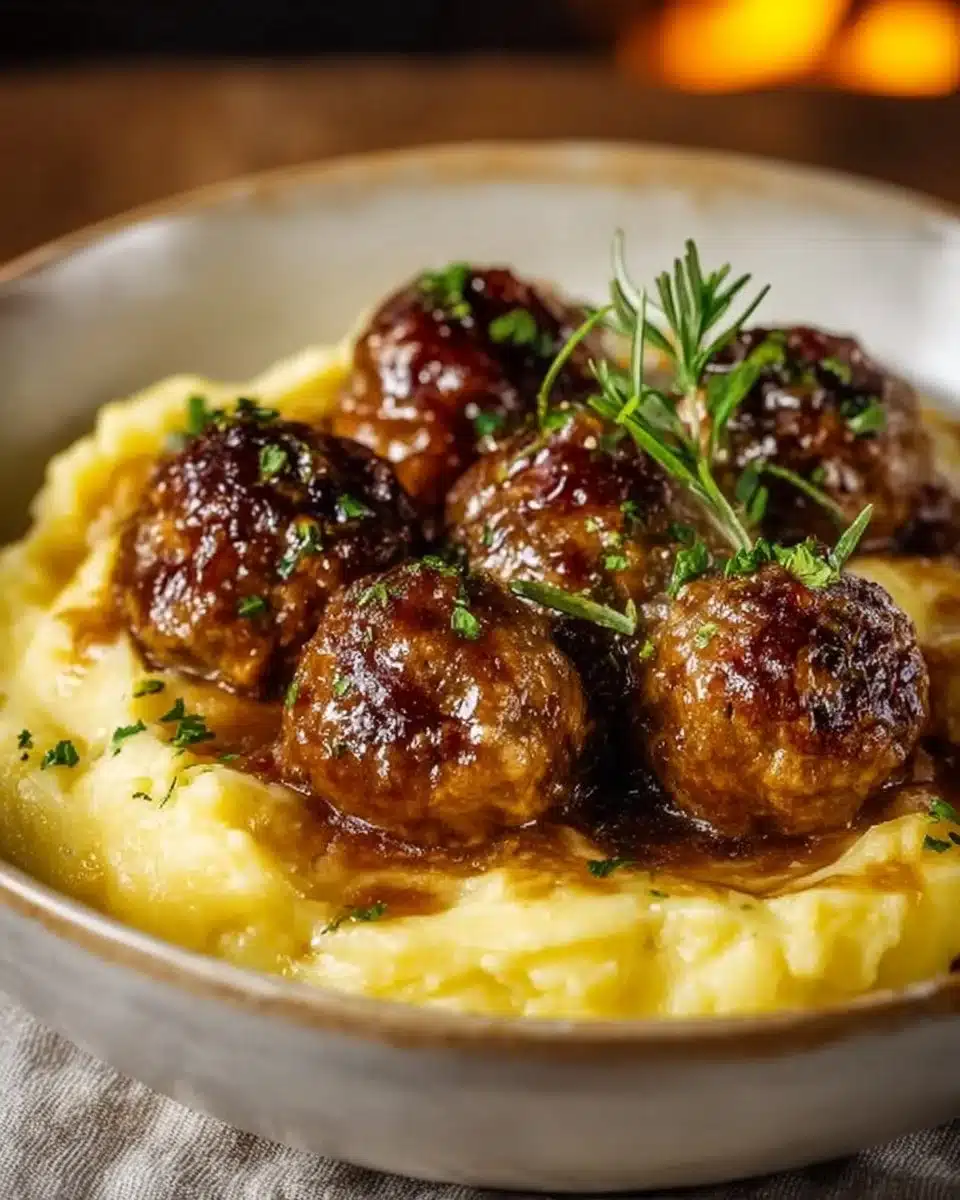 Salisbury Steak Meatballs with Garlic Herb Mashed Potatoes