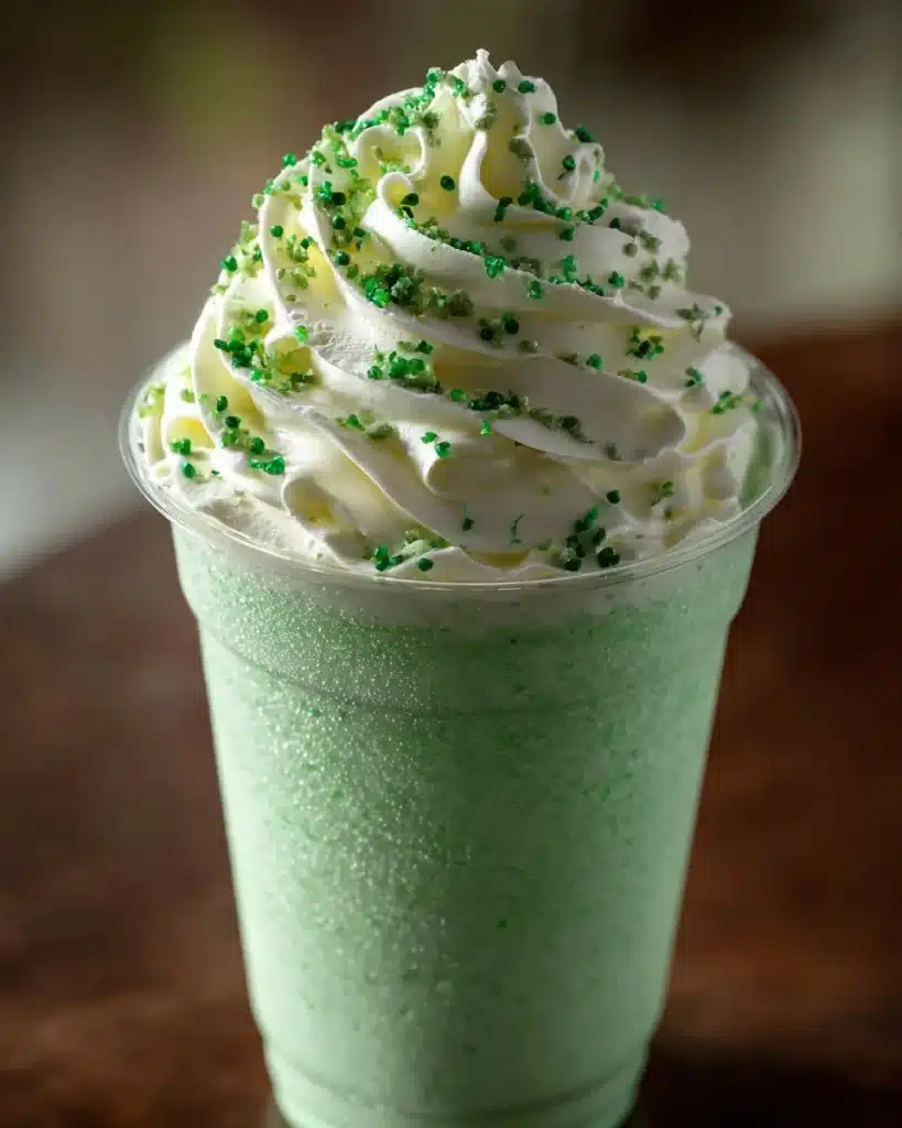 A refreshing Shamrock Shake in a cup with a green whipped cream topping.