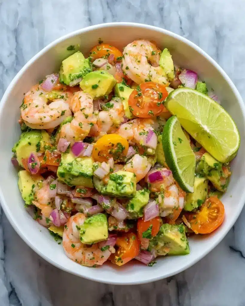 Delicious shrimp salad served in a bowl with fresh vegetables