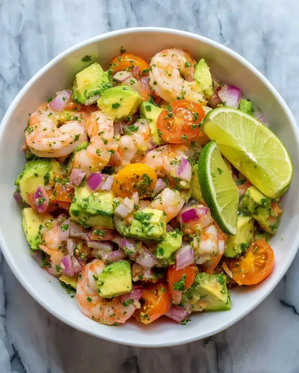 Delicious shrimp salad served in a bowl with fresh vegetables