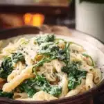 Simple pasta dish with fresh spinach on a white plate