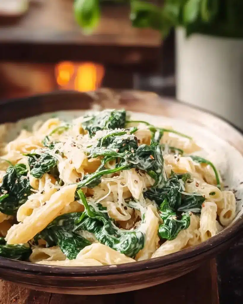 Simple pasta dish with fresh spinach on a white plate
