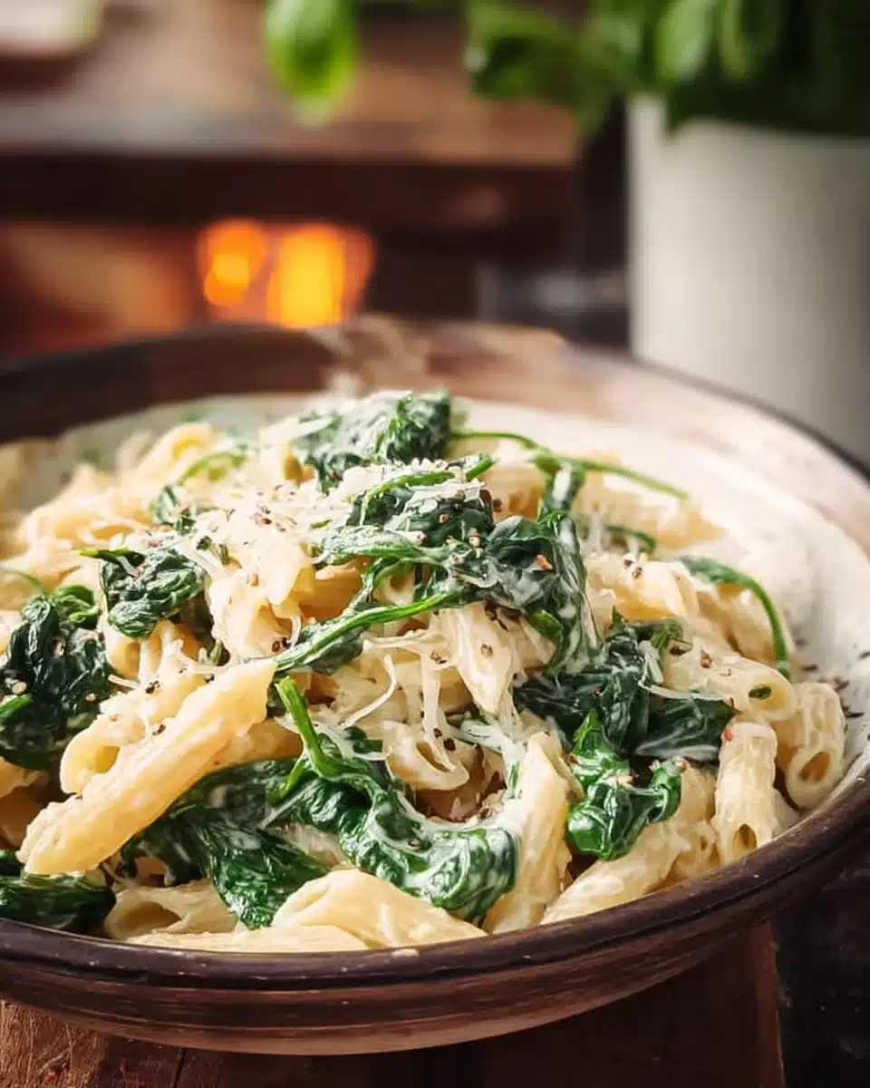 Simple pasta dish with fresh spinach on a white plate