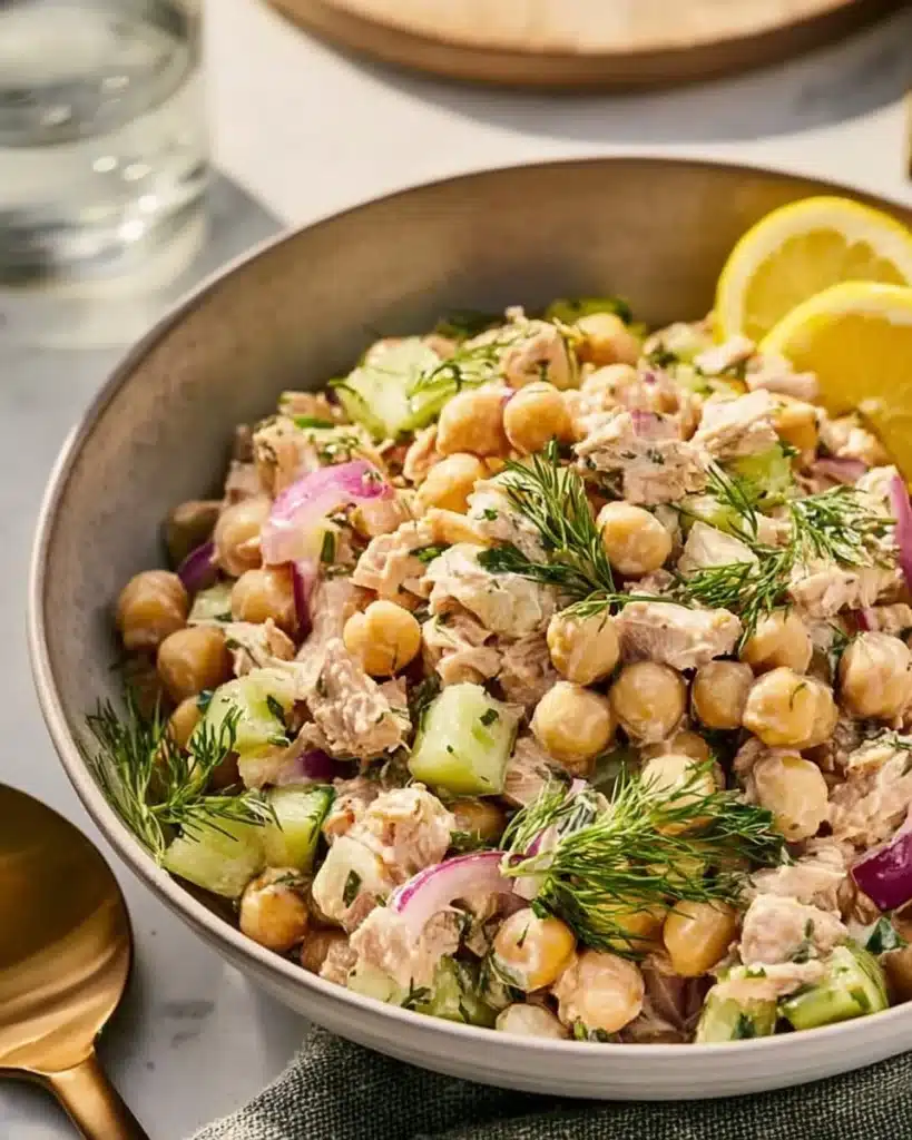 Simple Tuna Chickpea Salad with fresh vegetables and dressing