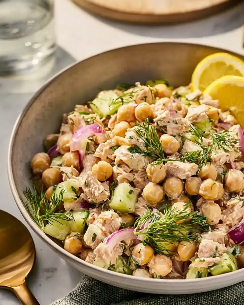 Simple Tuna Chickpea Salad with fresh vegetables and dressing
