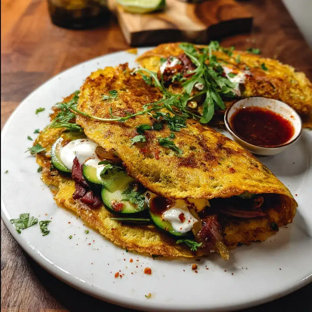 Spiced lentil crepe sandwich filled with fresh vegetables and herbs
